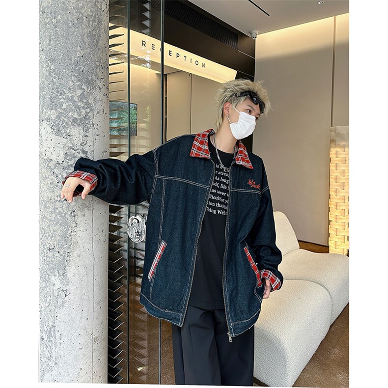 美式复古撞色拼接翻领格子布牛仔外套男女工装夹克JK08963-P72,男装夹克,星座308B-1
