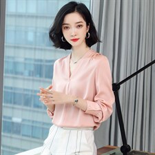 白色真丝衬衫女长袖时尚洋气V领大牌重磅桑蚕丝上衣2024秋季新款，女装衬衫，阿舍尔精品