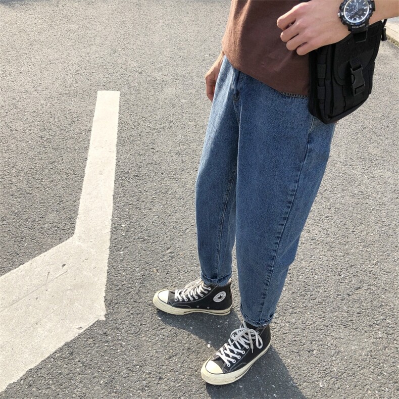 春夏季新款港风简约百搭牛仔裤男韩版直筒小脚九分裤男/,男装牛仔裤,电商D202