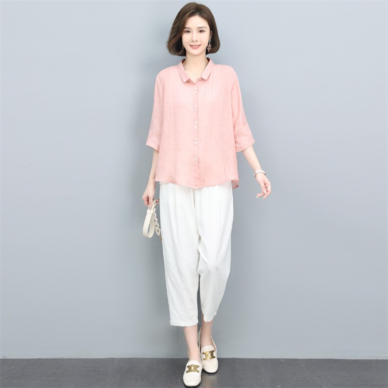高端苎麻衬衫女夏季2024新款棉麻风上衣中年妈妈洋气减龄漂亮小衫,女装套装/套裙,奕阳依阁