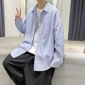 港风宽松休闲条纹百搭潮流长袖衬衫上衣男装D201-DM85-P45图片