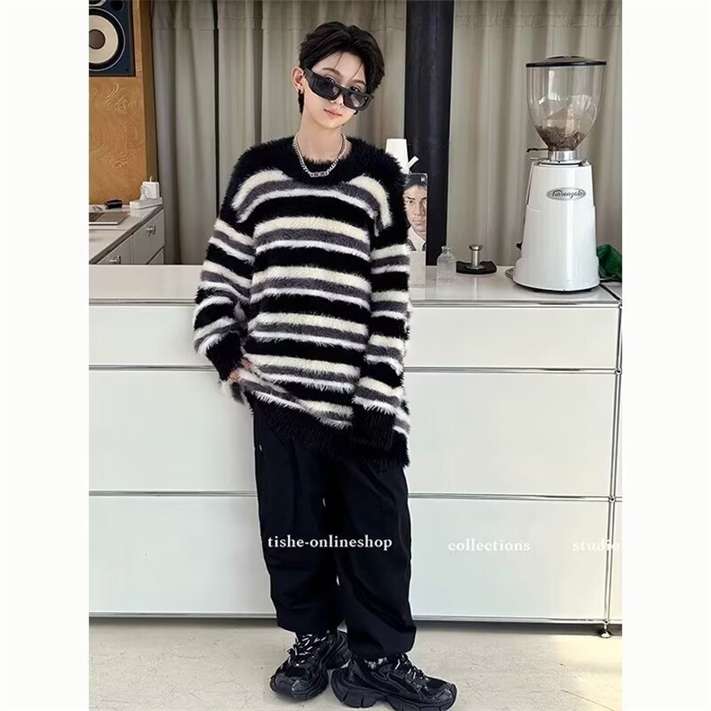 1506/QY3010/P53小众设计黑白条纹马海毛圆领毛衣,男装针织衫/毛衣,星座1506