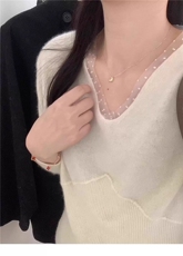 秋冬V领蕾丝花边羊毛衫女宽松显瘦针织打底衫毛衣内搭上衣时尚潮，女装针织衫/毛衣，雪真羊绒