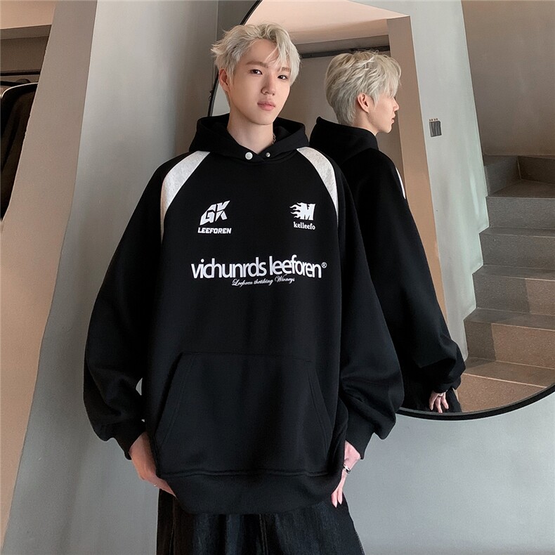 美式复古字母印花重磅360克拼接连帽卫衣男女宽松帽衫W91-P78图片