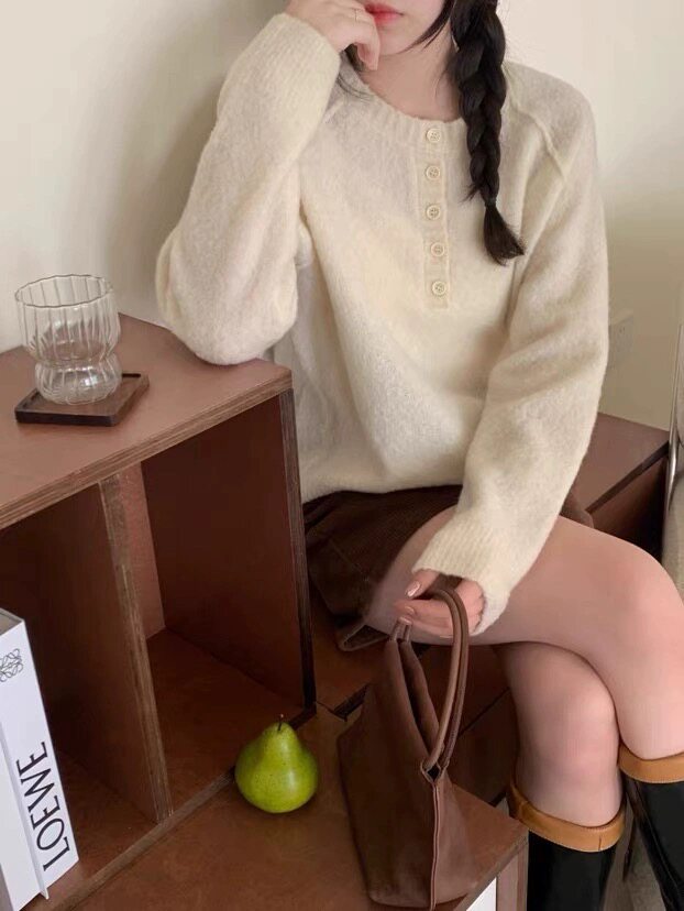 时尚百搭温柔羊毛衫圆领半开衫显瘦修身,女装羊毛衫,圣旺供货
