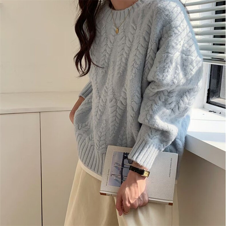 奶蓝色麦穗套头毛衣女2025秋季新款韩版宽松麻花温柔针织上衣加厚,针织衫/毛衣,萱芳婷羊绒