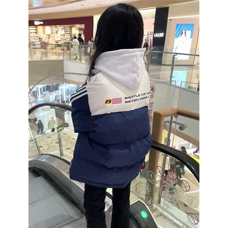 学院风ins撞色拼接棉服外套女冬季新款潮字母印花条纹保暖棉衣图片