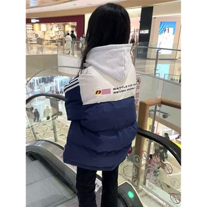 学院风ins撞色拼接棉服外套女冬季新款潮字母印花条纹保暖棉衣图片