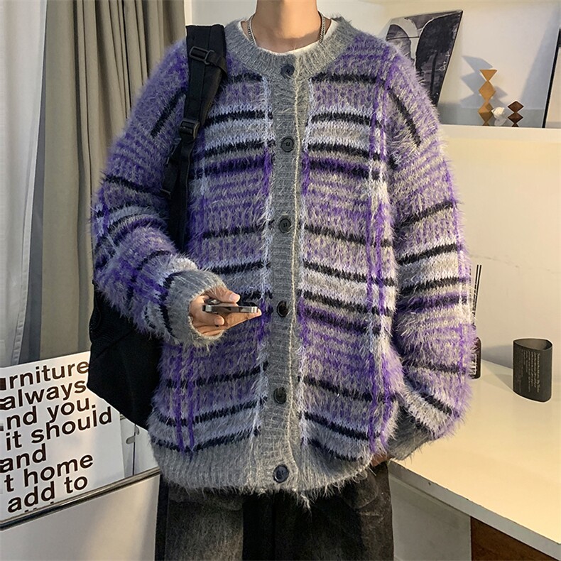 秋男圆领毛衣条纹开衫拼色纯貂毛针织衫单排扣休闲外套M0208P75,男装针织衫/毛衣,星座1013-1