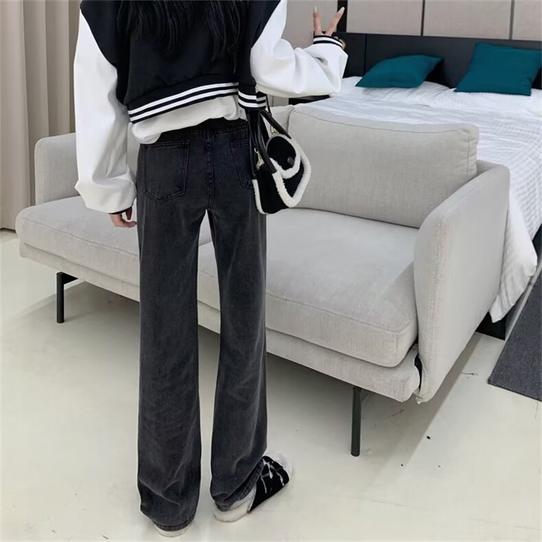 网红高腰直筒宽松显瘦早秋黑色绑带牛仔阔腿裤,女装牛仔裤,中性港风女装