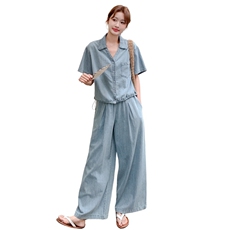 又a又飒牛仔套装女2025夏新款美式复古短袖外套高腰阔腿裤两件套，女装套装/套裙，2C168