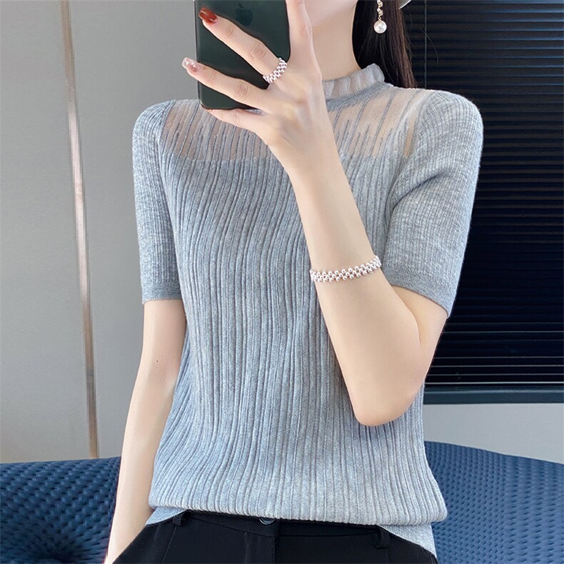 圆领精纺超细羊毛针织短袖女薄款宽松拼接镂空上衣木耳边T恤打底,女装T恤,朝思羊绒