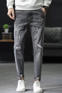 现货潮流破洞牛仔裤男休闲小脚九分裤微弹图片