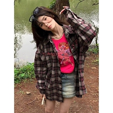 美式高街格纹衬衫男女2025春季新款字母印花情侣长袖衬衣宽松上衣，女装衬衫，星座506A
