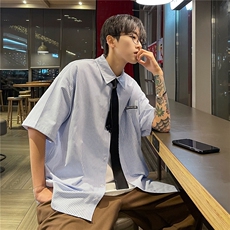 港风夏装2026新款短袖衬衫青少年男装半袖情侣衬衣HK14-P43领带3，男装T恤，电商A233-1