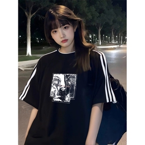 抖音得物高品质二开240克宽松纯棉美式潮牌三条杠织带短袖T恤图片