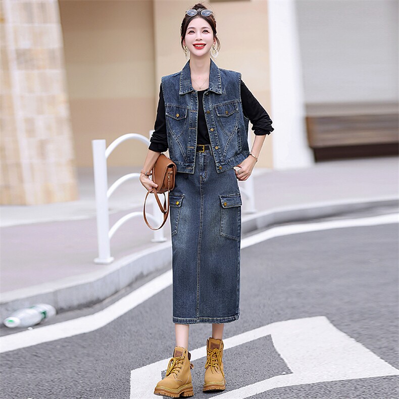 【热卖现货】牛仔裙套装女装2025高端时尚半身裙马甲连衣裙两件套,女装套装/套裙,意芙