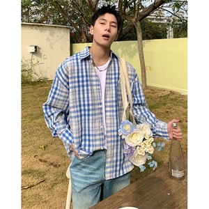 格子春秋长袖撞色衬衫男女休闲衬衣防晒宽松上衣百搭外套 CS153图片