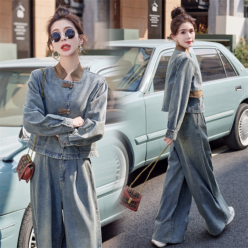 新中式国风撞色牛仔套装女2025春季爆款复古时尚工装阔腿裤两件套,女装套装/套裙,瑶迪依秀