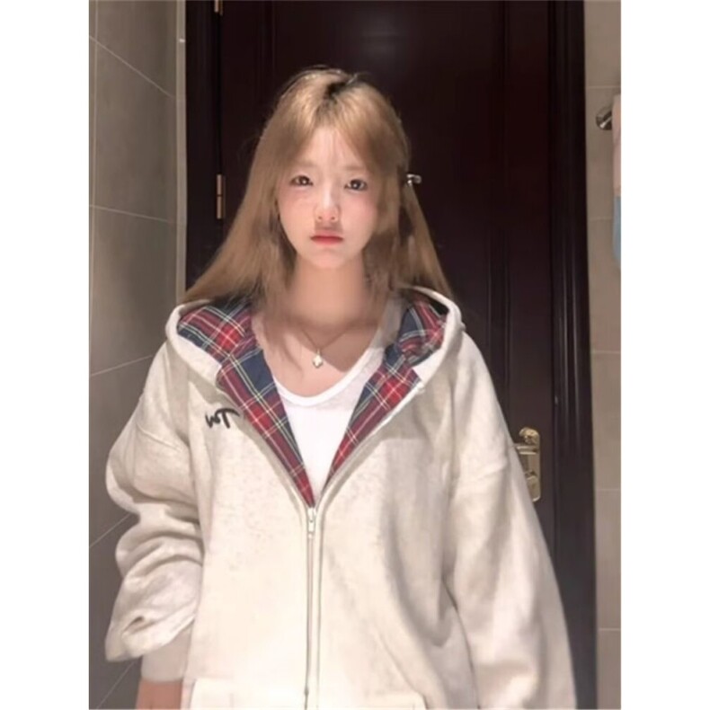 美式格子装饰基础款开衫拉链卫衣外套加绒秋冬复古连帽上衣，女装短外套，星座506A