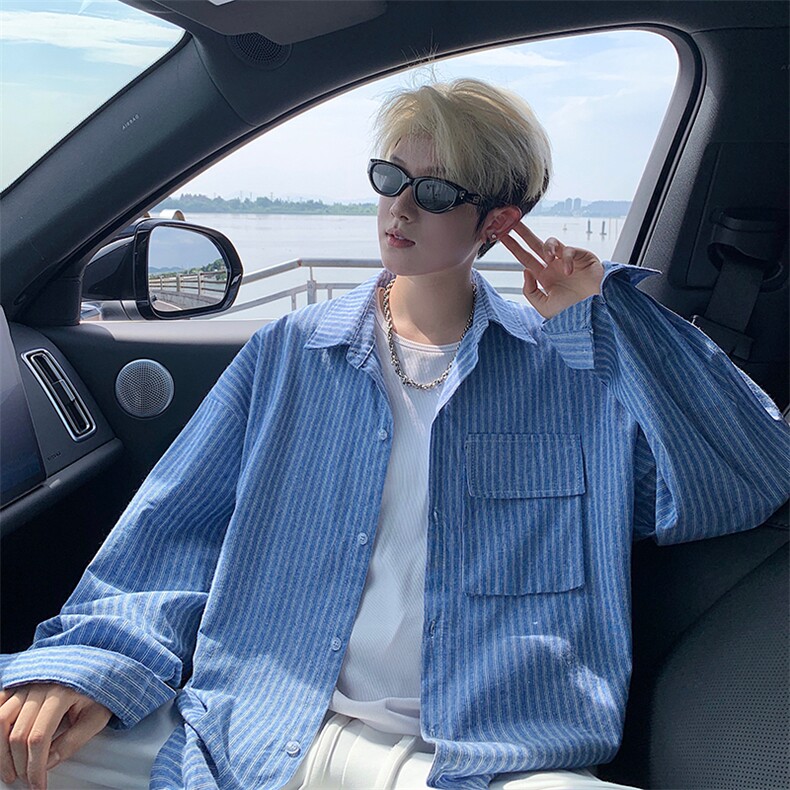 衬衫男春季新款港风宽松大码立体口袋纯棉条纹长袖衬衣CS3099-P42，男装衬衫，星座214-3