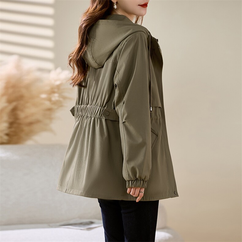 高级感休闲百搭短款风衣女2025春秋新款抽绳收腰显瘦工装连帽外套,女装风衣,慕咨