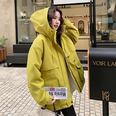 黄色连帽冲锋衣派克棉服女冬巨好看加绒加厚工装羽绒棉衣棉袄外套，女装短外套，2C129
