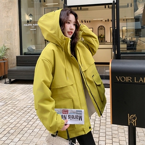 黄色连帽冲锋衣派克棉服女冬巨好看加绒加厚工装羽绒棉衣棉袄外套图片