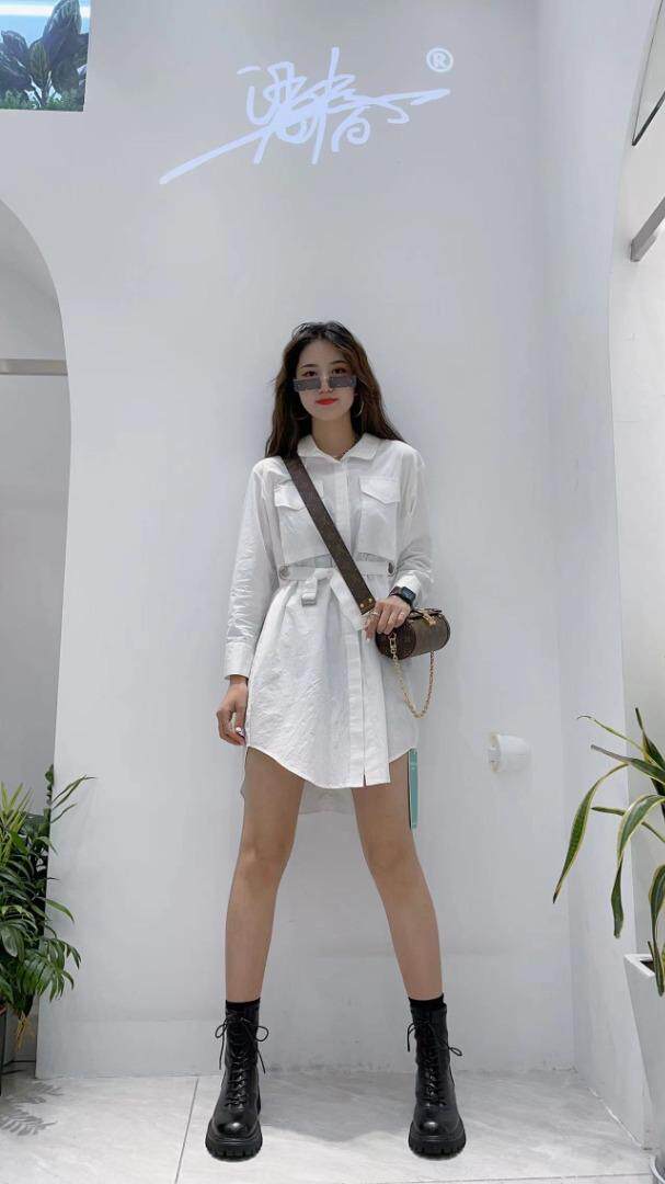 汪尚春2022春装设计师系列设计师款气眼腰带衬衫式连衣裙，女装衬衫，SHANGCHUN·W 汪尚春
