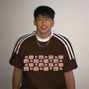 夏季美式高街重磅纯棉三条杠织带撞色男女短袖T恤ZD397-特P30图片