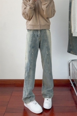B221美式ins高街暗黑拼接铆钉直筒牛仔裤LK24165-P65控88，男装牛仔裤，电商B221