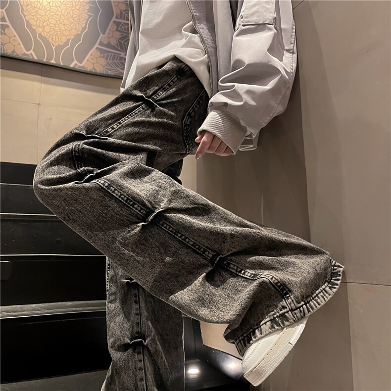 复古水洗做旧牛仔裤褶皱设计感微喇长裤A061-EX50200-特批45控78，男装牛仔裤，电商A061