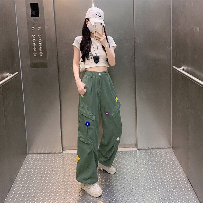 刺绣花朵复古工装休闲裤男女春夏季美式宽松阔腿裤高腰长裤,男装工装外套,星座601-1
