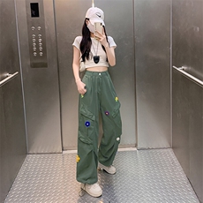 刺绣花朵复古工装休闲裤男女春夏季美式宽松阔腿裤高腰长裤，男装工装外套，星座601-1