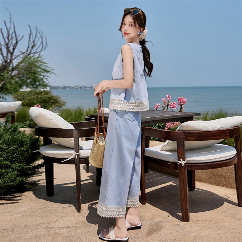 轻熟风蕾丝拼接马甲套装女夏季新款薄款时尚轻奢气质阔腿裤两件套,女装套装/套裙,臻衣坊