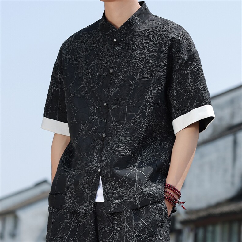 2025夏季新款男装新中式衬衣风金属盘扣拼接短袖衬衫C98-P60,男装衬衫,电商B277(原6028)