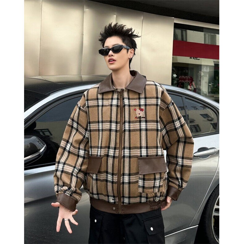 美式秋冬复古双面穿PU皮衣外套男宽松潮牌格子拼接夹克W6503-P85,男装夹克,星座412-3
