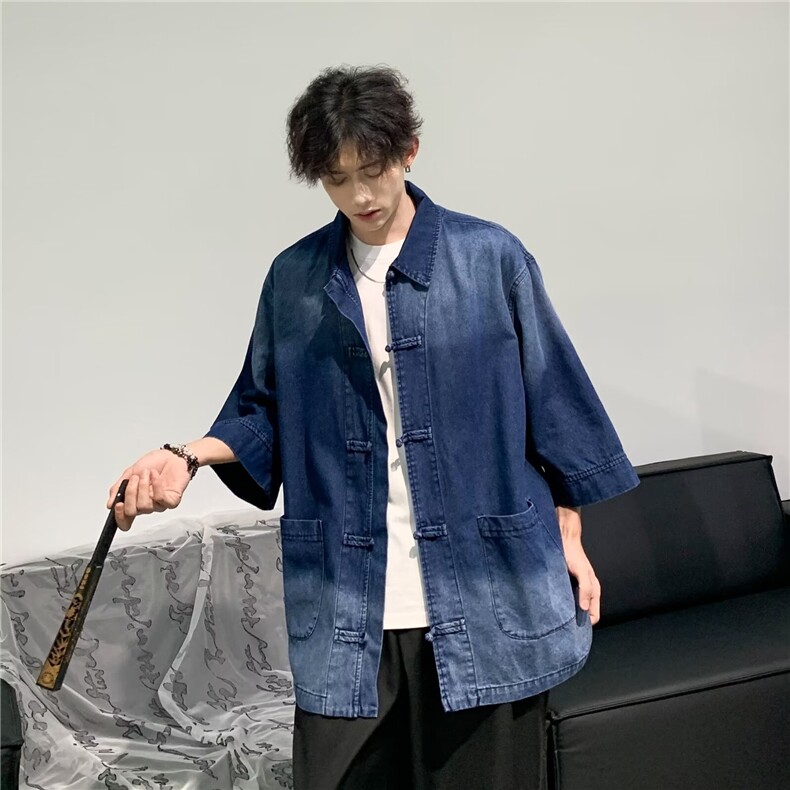 新中式牛仔衬衫男短袖韩版潮流百搭帅气2024新款ins外套CY819-P63图片