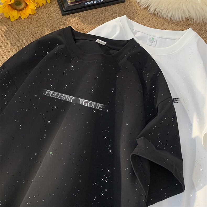 可48小时发货支持抖音得物来样二开美式满天星亮片短袖T恤MTX662，男装T恤，电商A486