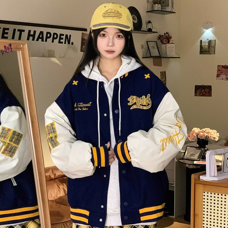 美式复古撞色刺绣棒球服女春季新款潮宽松百搭外套夹克图片