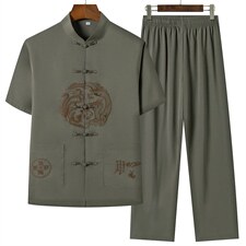 风套装男士唐装棉麻夏季中老年刺绣短袖爸爸爷爷SFT9789-P58,男装民族服装,星座1105-3