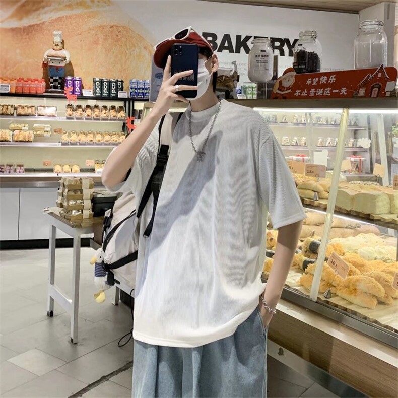 冰丝半高领五分袖男港风潮流宽松百搭休闲垂感透气T814-P24,男装T恤,星座512-2