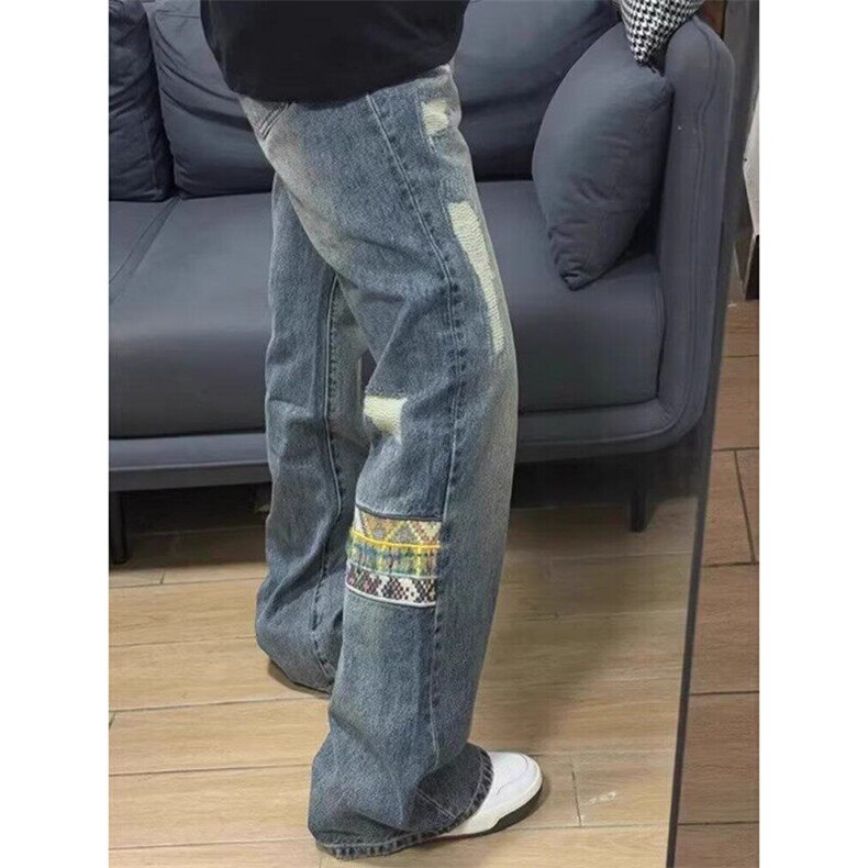 美式复古显瘦高街风格裤子男ins民族风腰果花拼色磨毛直筒牛仔裤，男装牛仔裤，星座601-1