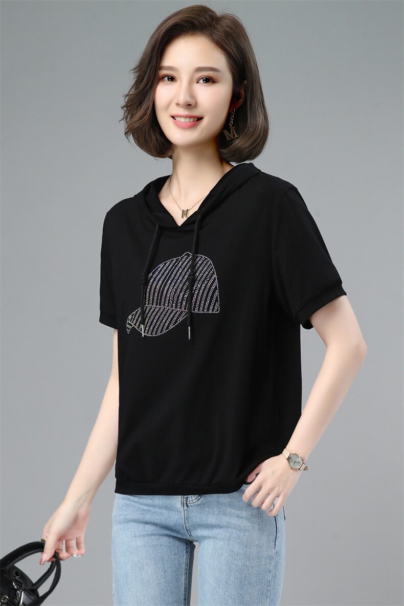 板酷2026夏装新款时尚宽松烫钻纯色女装上衣连帽T恤B619,女装T恤,板酷