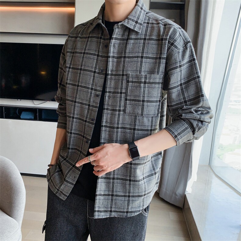 2021春秋格子衬衫男士长袖韩版潮流外套休闲衬衣DF02T,男装衬衫,电商A102