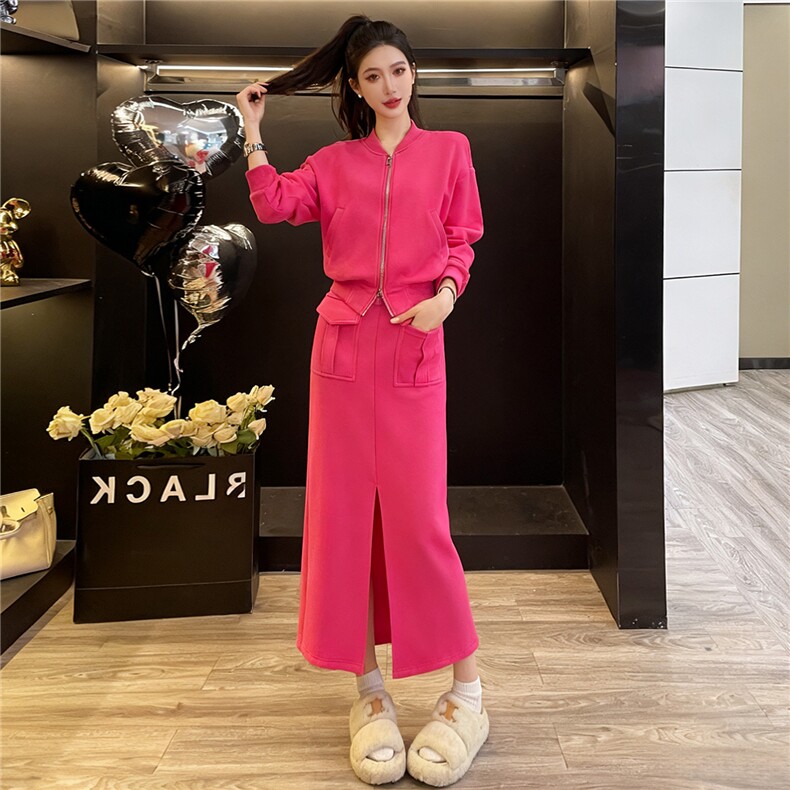 高级感时尚运动套装女秋季新款拉链开衫卫衣前开叉半身裙两件套潮,女装套装/套裙,江南