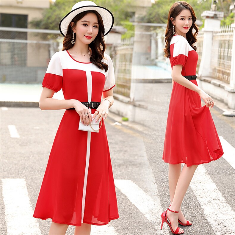 纯色2021年夏季圆领高腰时尚舒适短袖简约百搭个性中长款，女装连衣裙，香水丽阁