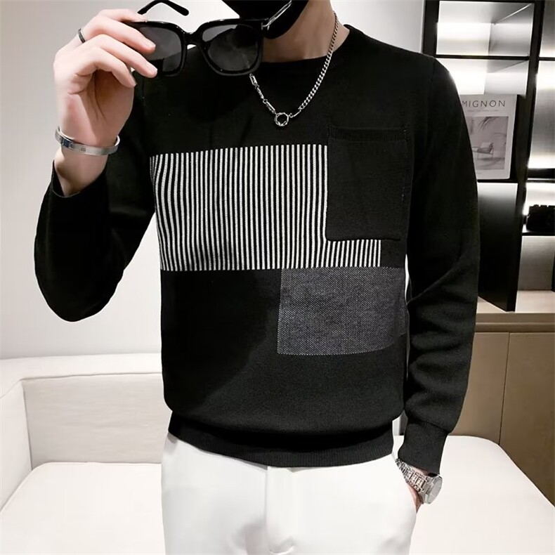 拼色条纹毛衣针织衫秋冬男士打底衫线衣修身套头圆领上衣 M3357图片