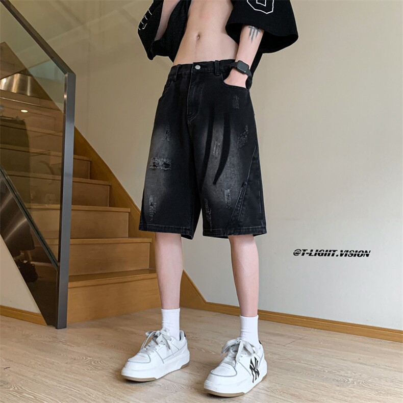 B221美式ins高街暗黑小众百搭牛仔短裤五分裤LK23090-P55控78,男装牛仔裤,电商B221