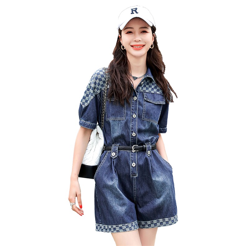 2022时尚新品牛仔格子拼接连体短裤配送腰带,女装连体裤,钱塘布衣